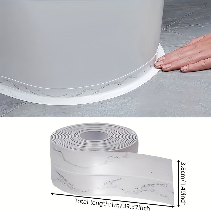 Self-adhesive white PVC waterproof sealing strip for showers, sinks, kitchens, and bathrooms. Suitable for home and commercial use. Easy to install.