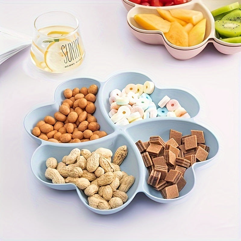 Durable Heart-Shaped Party Snack Tray with 4 Compartments, Multi-Section Reusable Plastic Plate in Blue, Green, Beige, and Pink for Nuts, Candy, and Fruits.