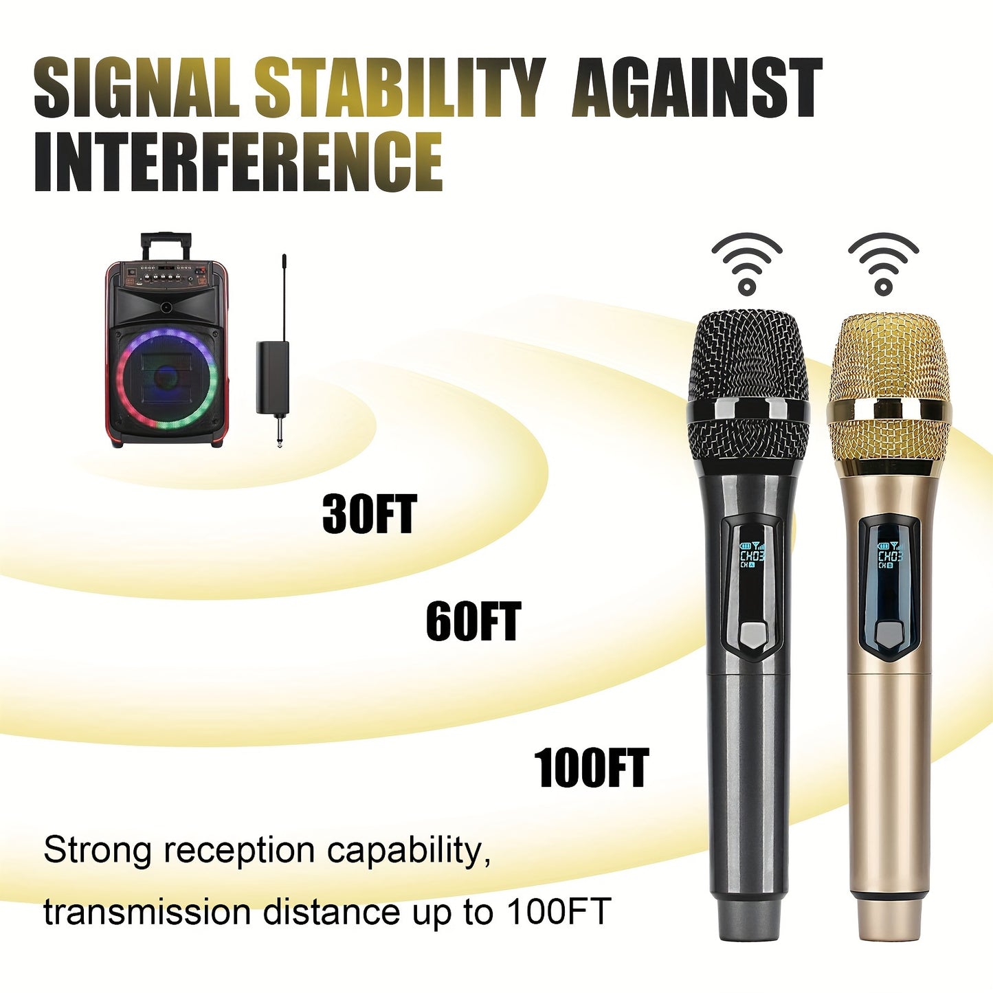 Universal wireless microphone with dual channels, rechargeable, plug-and-play, suitable for various uses such as karaoke, speeches, weddings, church services, and public address systems.