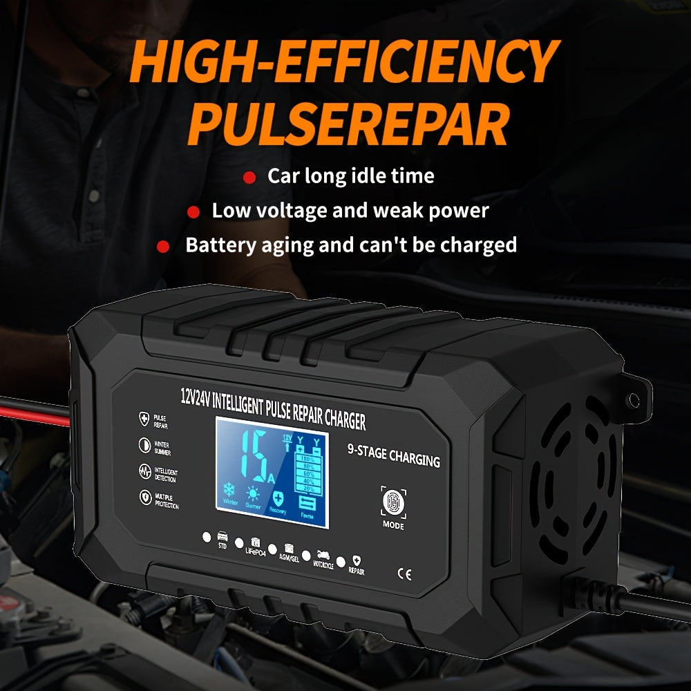 RJTIANYE Smart Car Battery Charger is a versatile charger with advanced protection features, perfect for a variety of vehicles including cars, RVs, and boats. It is portable and compatible