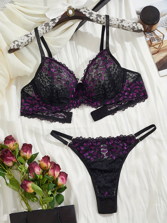 Stylish lace floral lingerie set includes a comfortable and sexy bra and panty, semi-sheer with hand washable fabric.