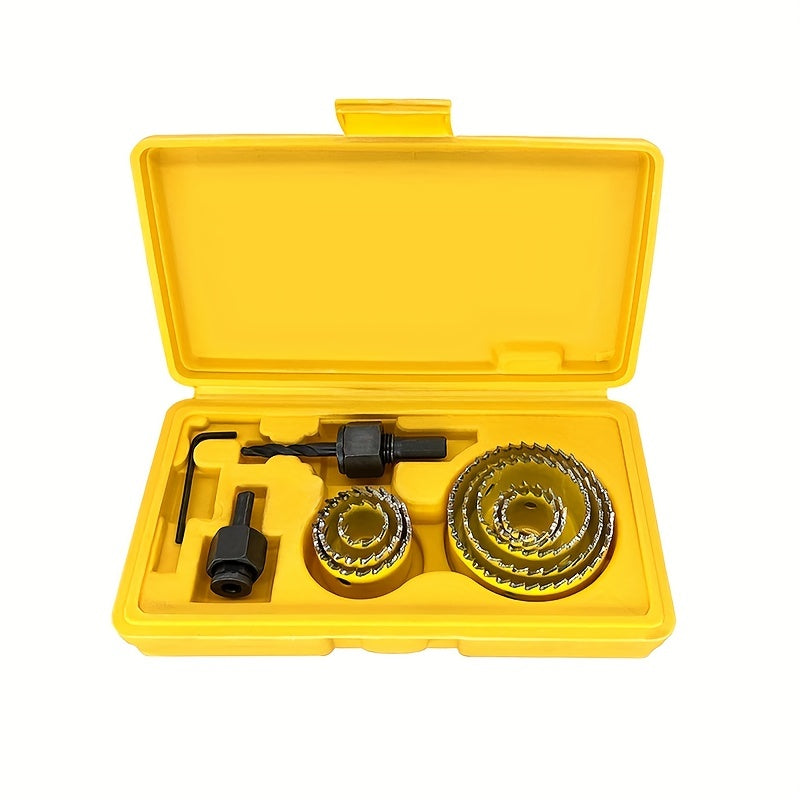 11-piece hole saw set with sizes ranging from 19mm to 64mm for cutting wood, metal, and alloys, includes handy case.