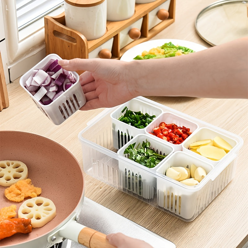 Kitchen Scallion Storage Box with 6 compartments for scallions, ginger, garlic, and other fresh ingredients. The box is designed to keep your fruits and vegetables fresh in the refrigerator, with a built-in drain feature for easy cleaning.