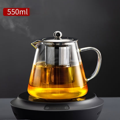 Chic glass teapot with stainless steel infuser – durable, dishwasher safe, ideal for brewing tea on gas stoves at home.