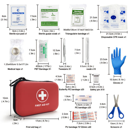 Set of 91 portable emergency first aid kits and storage boxes for home, outdoor travel, and camping gear.