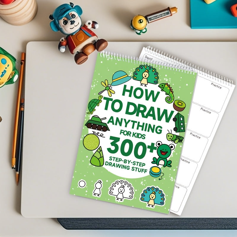 1pc Green Stick Figure Drawing Book for Youngsters - 300+ Step-by-Step Art & Education Toy featuring Cartoon Dinosaur & Frog Designs, Ideal for Creative Writing & Coloring, Spiralbound Book