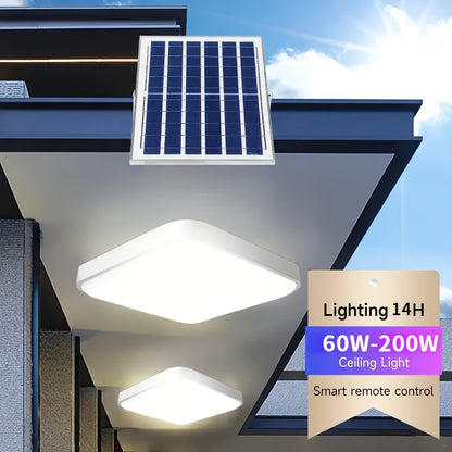 200W Solar-Powered LED Ceiling Light with Remote Control for indoor and outdoor use in various locations.