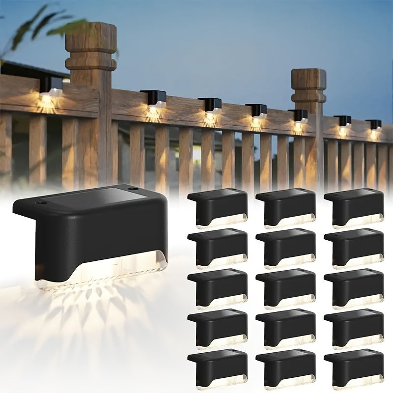 8 outdoor solar deck lights for stairs, fences, patios, gardens, and pathways. Features light sensor, removable fixture, and 600mAh nickel battery.