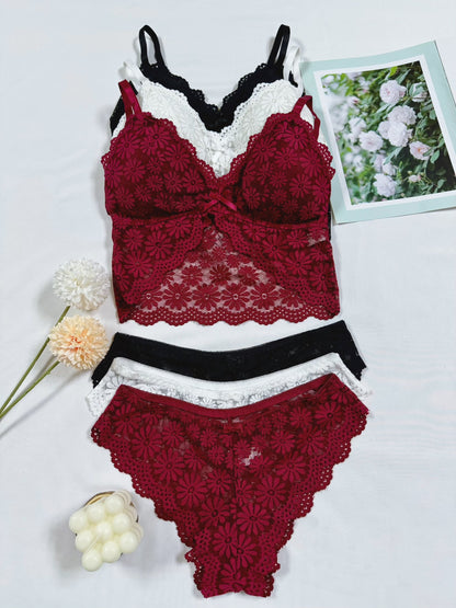 Sexy maroon lingerie set includes bra and matching panties with floral lace design and intricate pattern. Nylon/elastane blend, machine washable. Ideal for teens and special occasions.