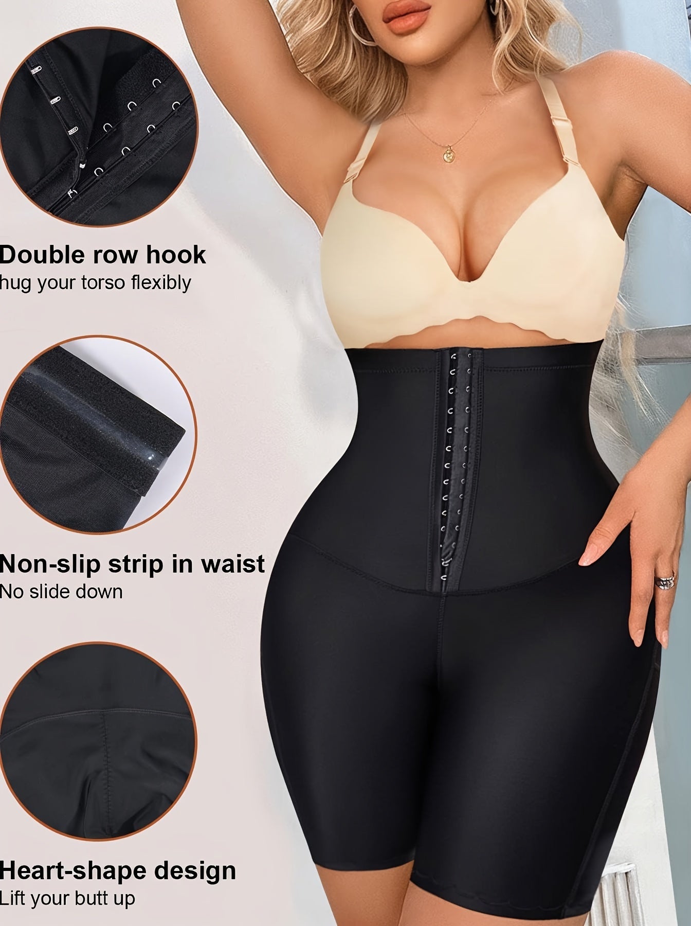 High waist compression shorts with front buckle for tummy control.