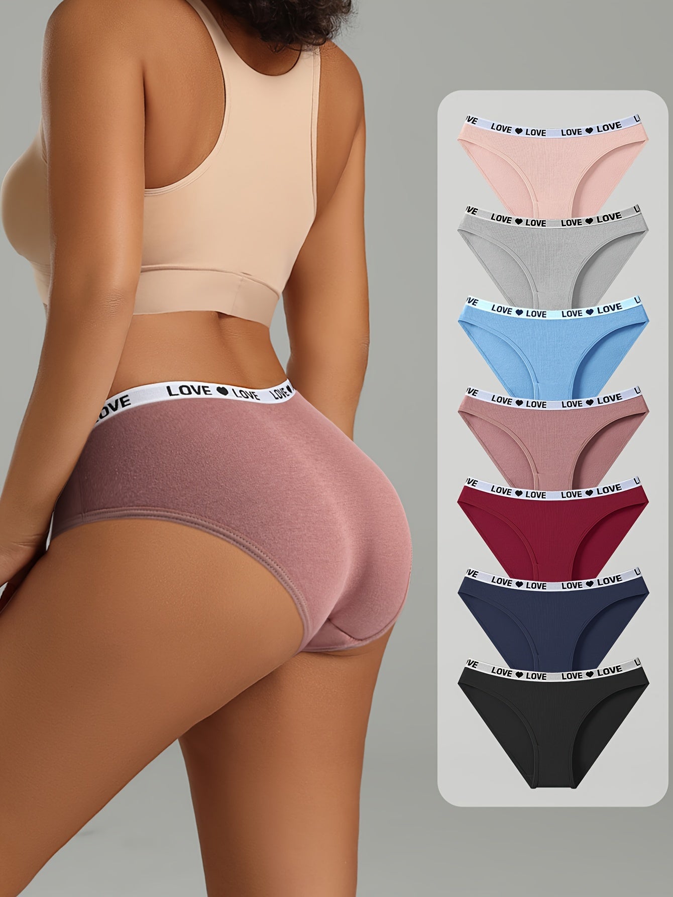 7pc Letter & Heart Tape Briefs, Comfortable Breathable Stretchy Panties, Women's Lingerie & Underwear