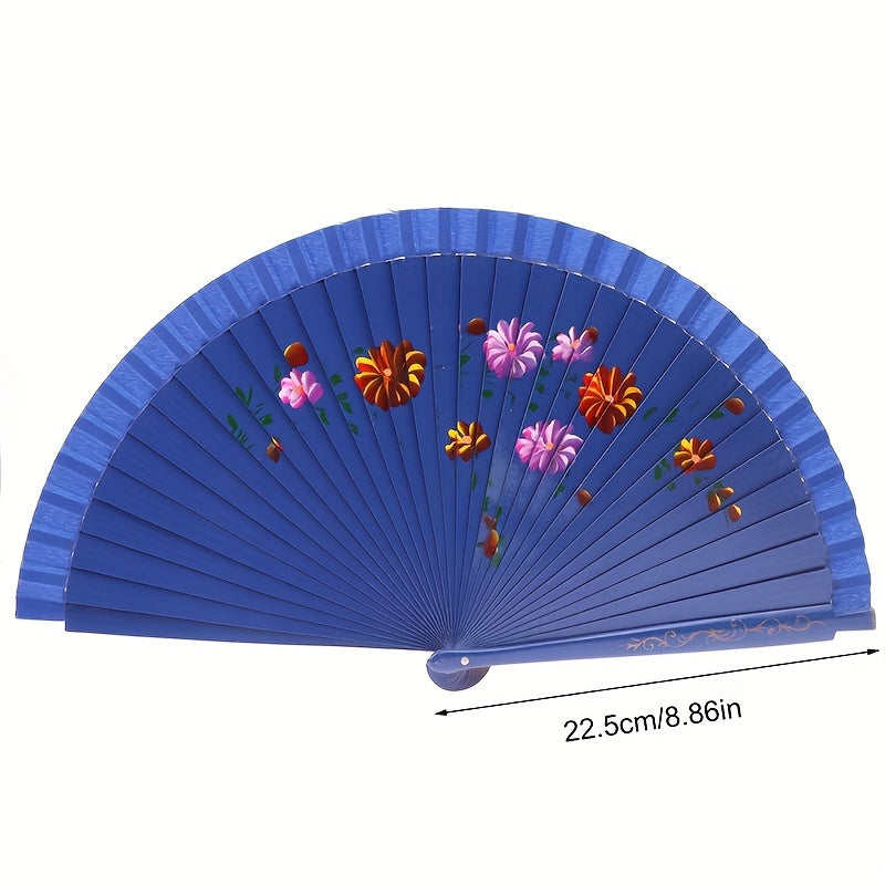 Wooden Spanish folding fan for dancing and home decoration with printed design, conveniently folds for easy storage.