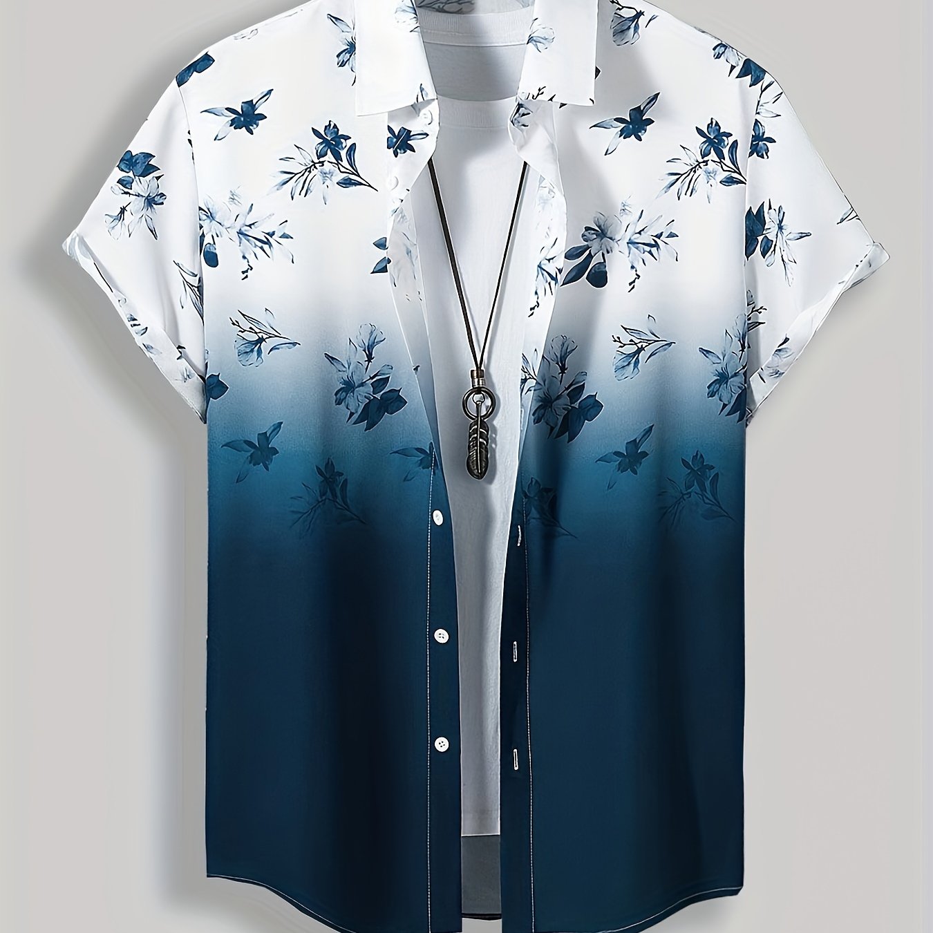 Men's casual button-up shirt with geometric print, breathable polyester, machine washable, regular fit.