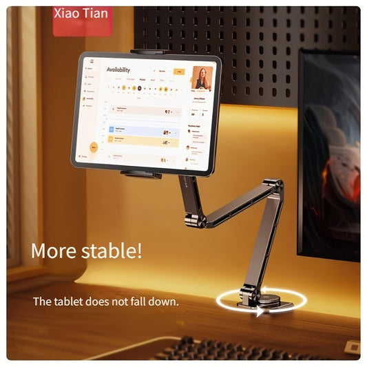 Adjustable aluminum tablet stand with 360° rotation and multi-angle folding arm desk mount for iPad.