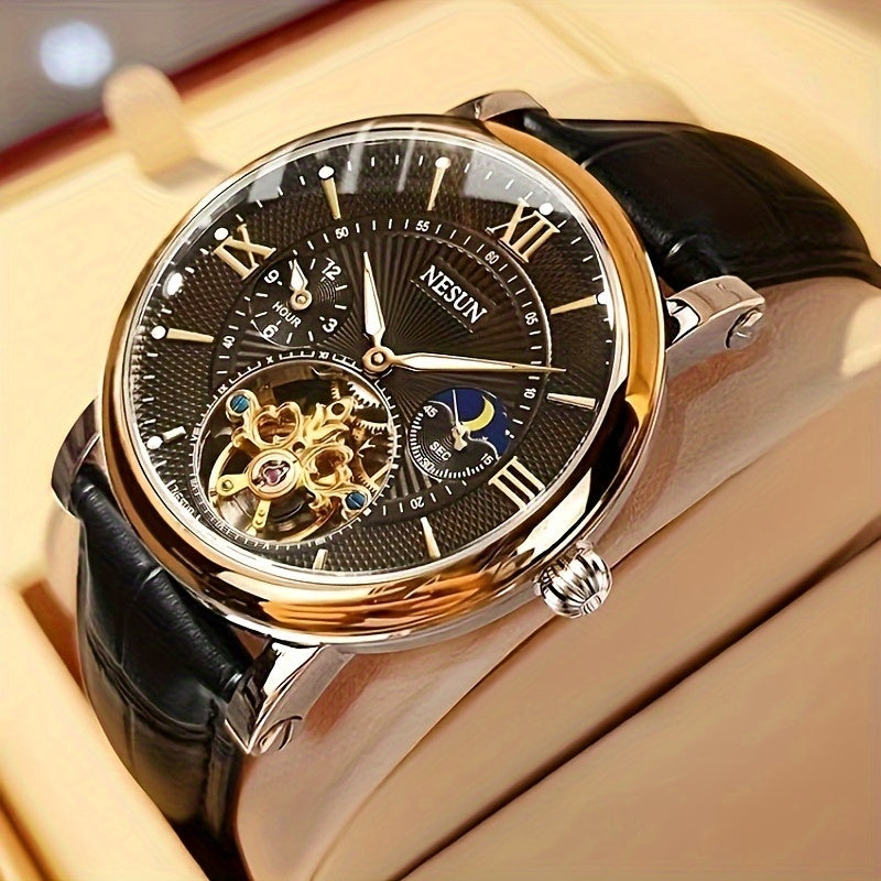 Nesun men's mechanical watch with luminous design and hollow style, perfect for business gentlemen. This fully automatic watch doesn't require a battery and makes a great gift for men.