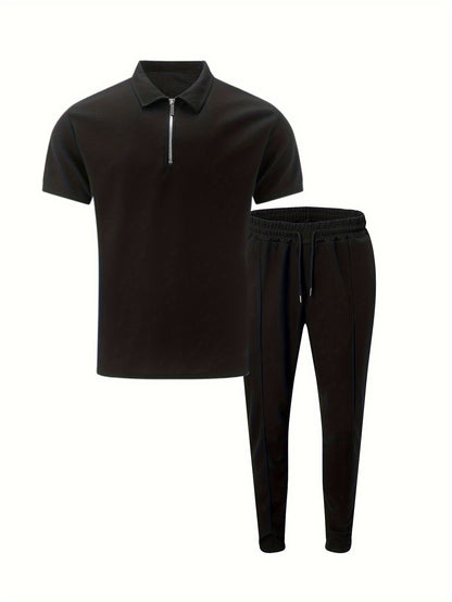 Men's two-piece set featuring short sleeve waffle knit top with turnover collar and zipper, paired with long pants.