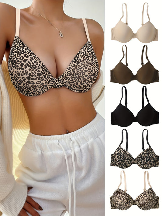 5 leopard and solid t-shirt bras - comfy, breathable, push-up style for women's underwear.