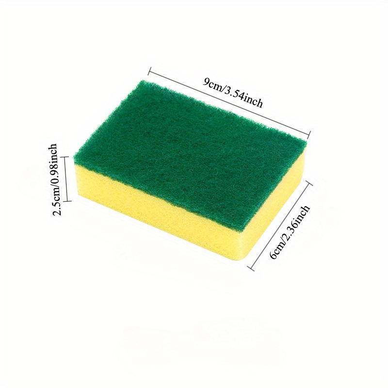 25 pieces of heavy-duty dual-sided scrub sponges in yellow and green colors. Made from durable polyester, perfect for cleaning kitchen, bathroom, and other surfaces. Ideal for non-coated porcelain and bakeware cleaning.