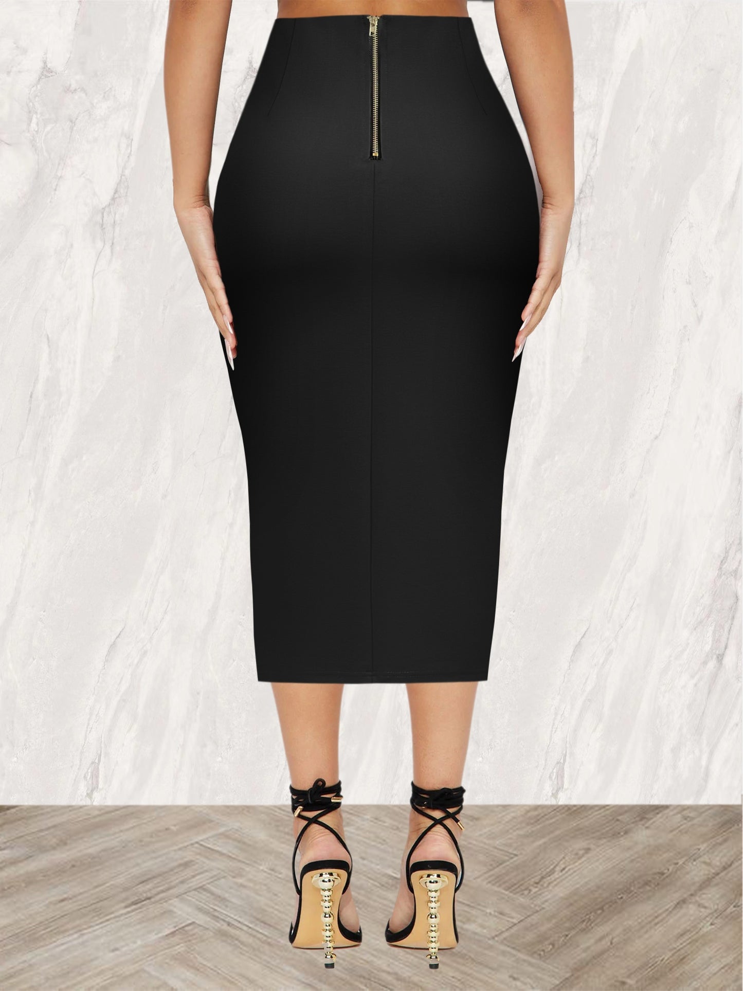 Stylish black midi skirt for women with a chic slim silhouette, high-waisted design, and side slit, made with a stretchy rayon blend ideal for spring/summer fashion.