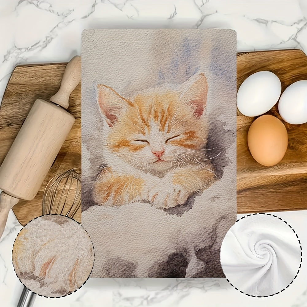 Two pieces of ultra soft kitchen towels featuring a charming kitten design. These highly absorbent towels are machine washable and perfect for use as dish hand towels. They are ideal for adding a festive touch to your holiday decor. Each towel measures