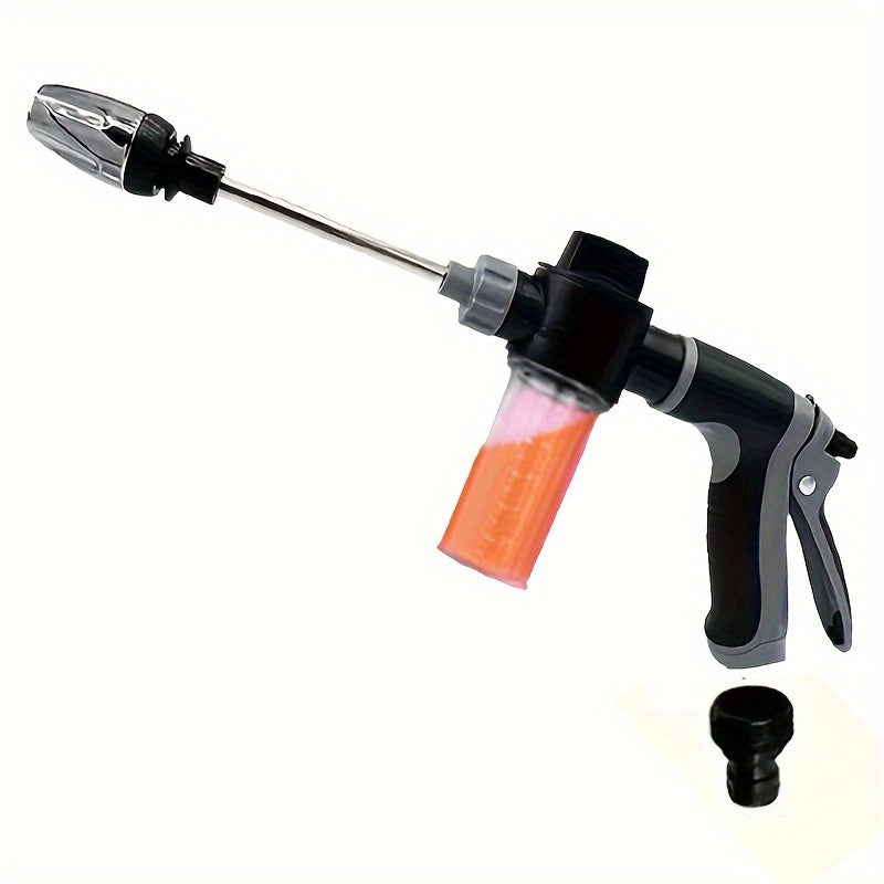 Powerful pressure washer gun with universal connector, plastic garden hose nozzle with metal extension rod and rubber handle - ideal for home and car wash.