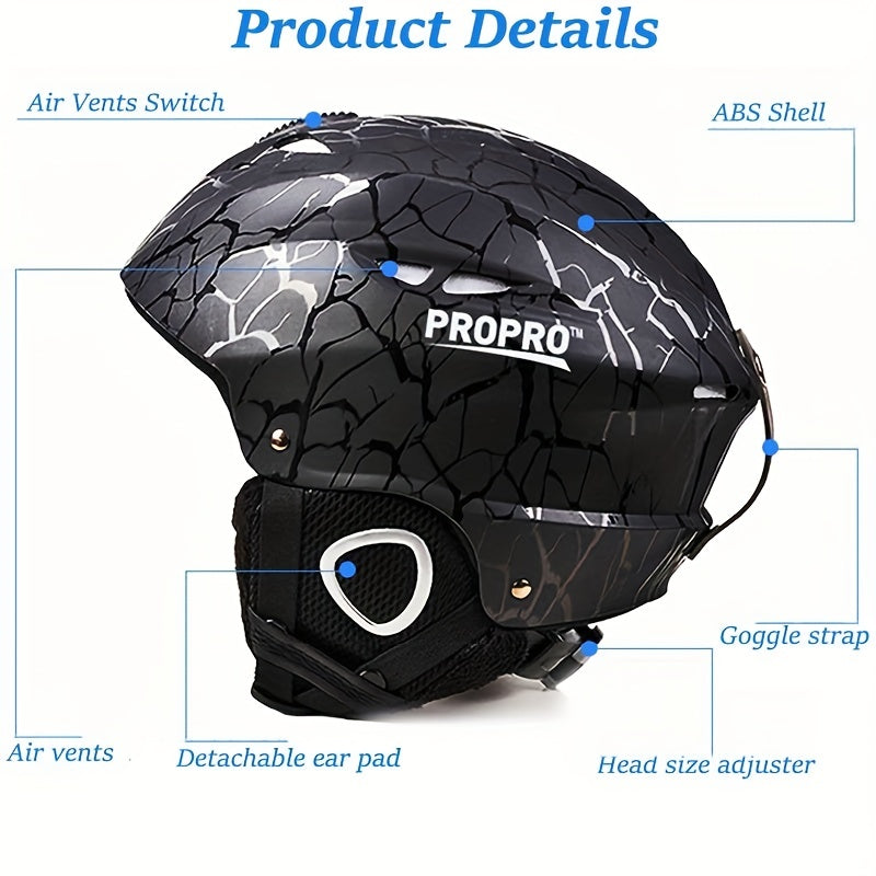 PROPRO High-Performance Ski Helmet for Men & Women: Durable PC material, integrally-molded with ventilated vents, adjustable strap, carbon fiber side panels. Includes free gift. Ideal for