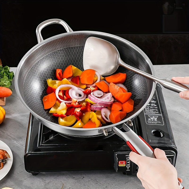 Stainless steel frying pan perfect for outdoor camping and use on gas stove or induction cooker. This non-stick pan is ideal for frying steak, eggs, and fish. The kitchen honeycomb design ensures even cooking. Available in 32cm, 34cm, and 36cm sizes with