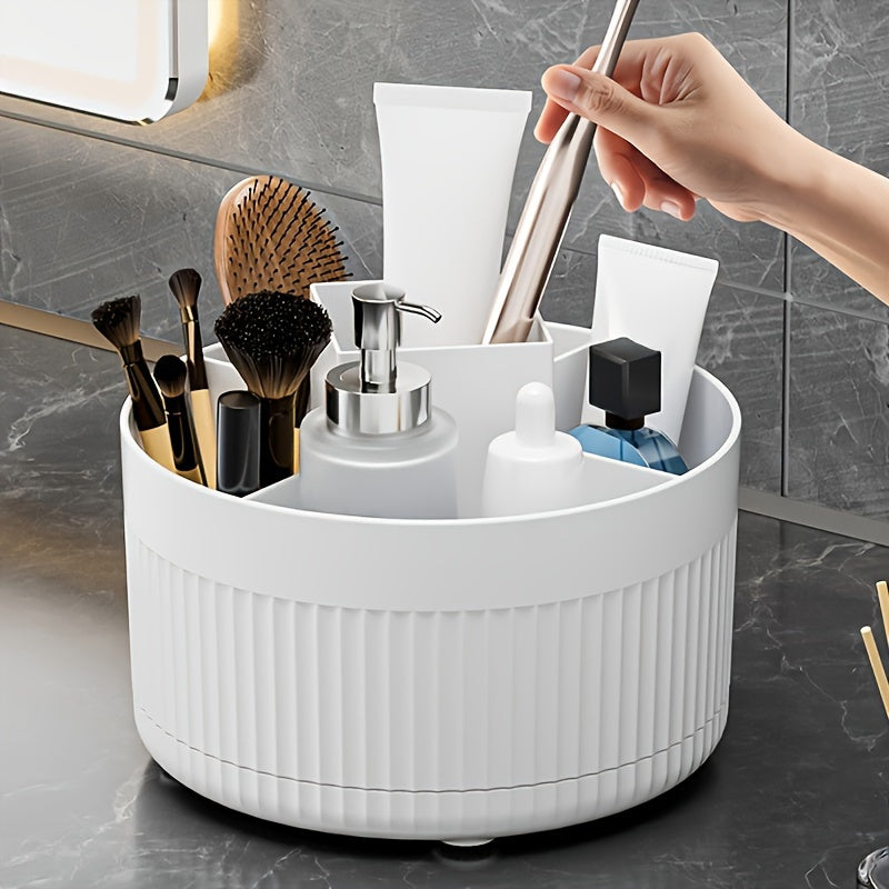 Multi-functional plastic cosmetic storage box spins for easy access to makeup, brushes, skincare, and more on bathroom countertops.