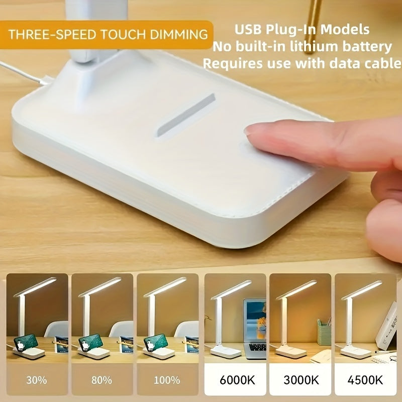 LED desk lamp with touch control for brightness adjustment, USB powered, ideal for reading and bedside.