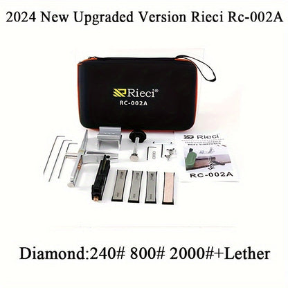 The Ricie RC-002A Professional Knife Sharpener Set features three diamond whetstones (240/800/2000#) for adjustable angles, making it a manual kitchen knife sharpening system. No electricity is needed thanks to its metal construction.