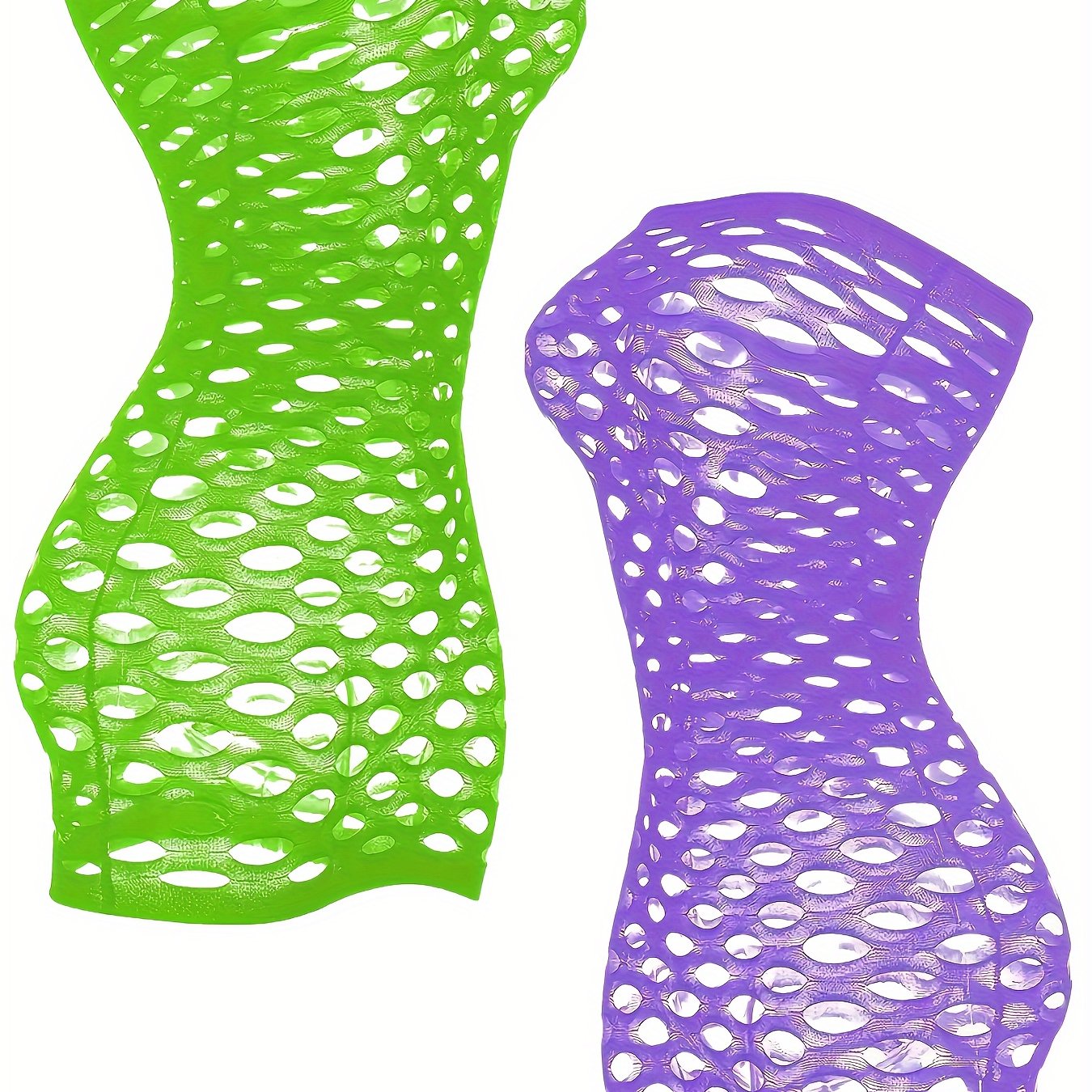 2 European-style sleeveless mesh dresses with sexy bra and hip fishnet design.