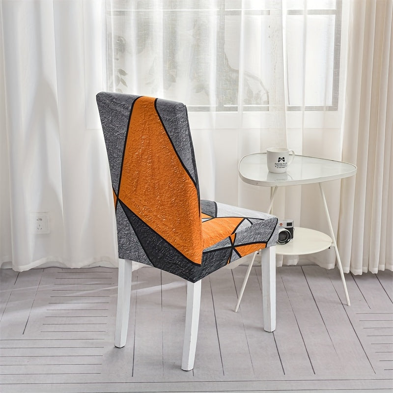 Contemporary geometric chair slipcovers in black and white. Stretchable, dustproof, lightweight fabric. Ideal for home, hotel, or restaurant decor. Easy care, machine washable. Set of 4 or 6.