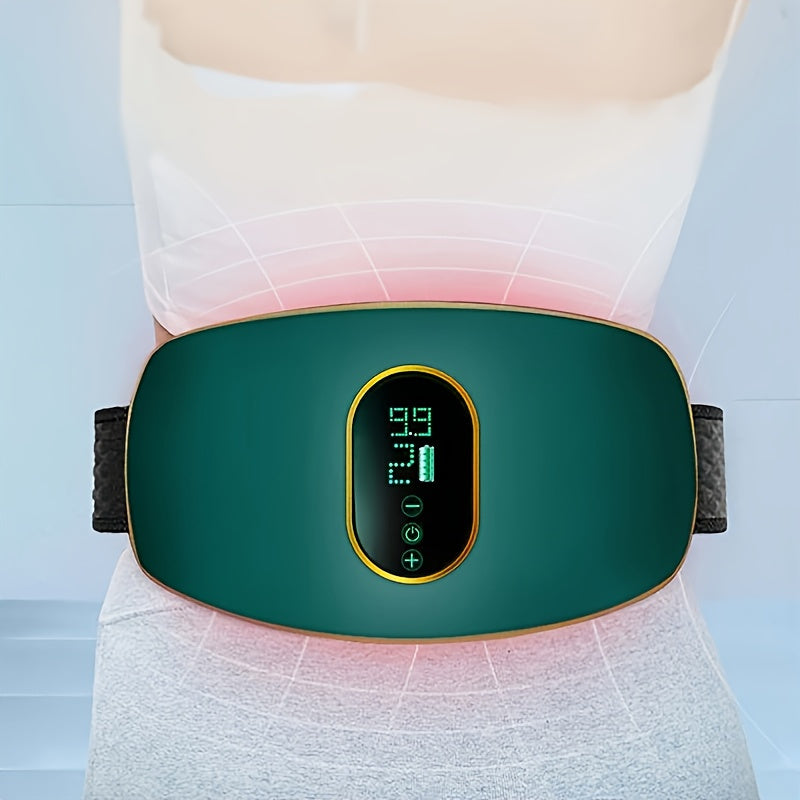 Adjustable vibration heating waist trainer, made of elastomer material with USB charging. Comes with a 250mAh lithium battery, ideal for home use (adapter not included).