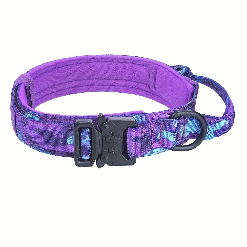 Adjustable tactical dog collar with heavy-duty metal buckle for training and walking.