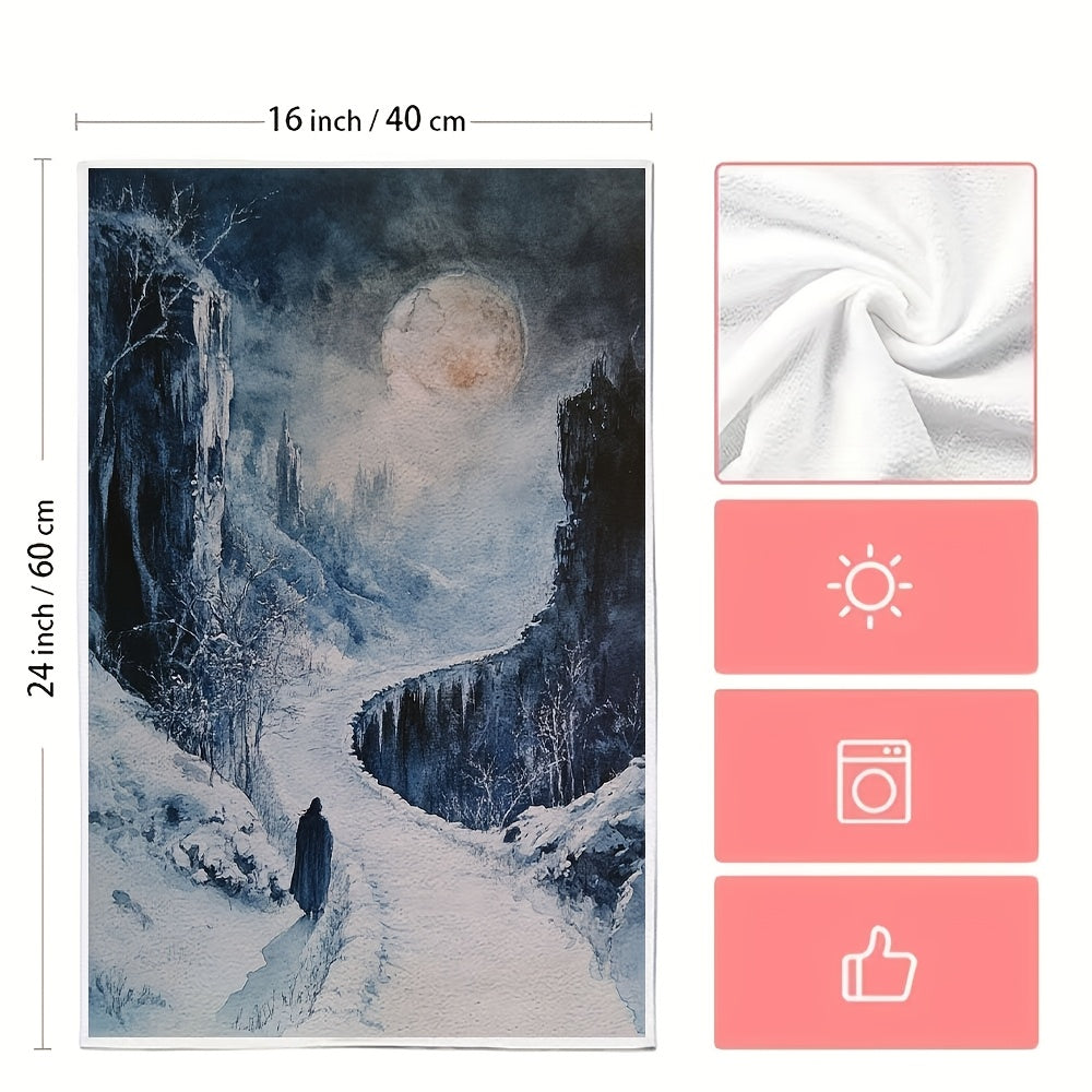 Two pieces of ultra soft kitchen towels featuring the Painted World of Ariandel design. These highly absorbent and machine washable dish hand towels measure 40.64x60.96 cm, making them ideal for holiday decor and drying dishes.