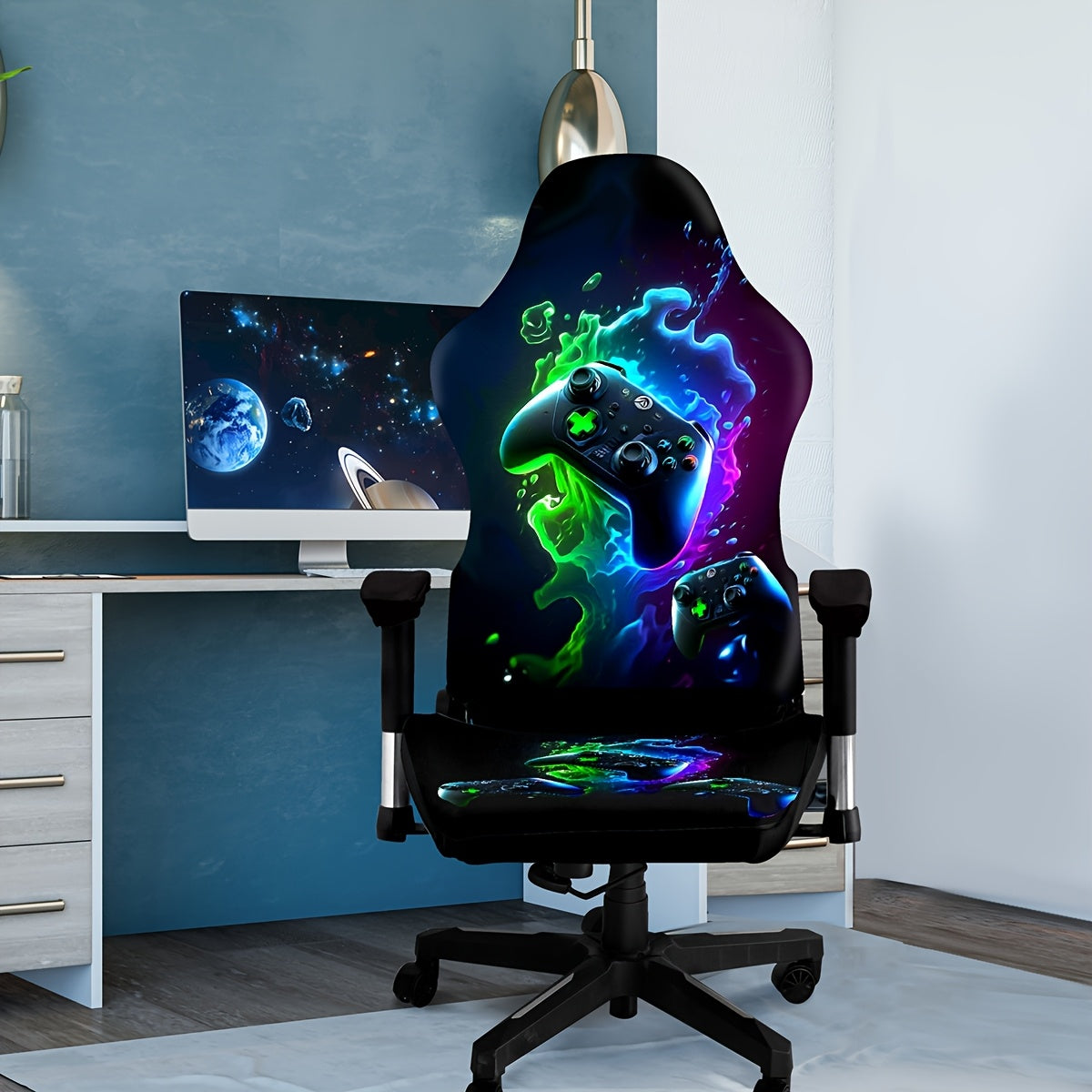 Modern gaming chair cover with high elasticity and unique digital print, made from a blend of polyester and spandex fabric. Washable and suitable for home and office decor.