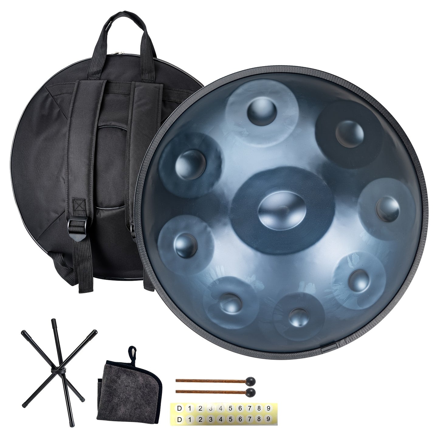 HANPLATE Handpan Drum in D Minor, includes carrying bag, mallets, holder, and wiping cloth for professional use or spiritual activities like healing, yoga, and meditation.