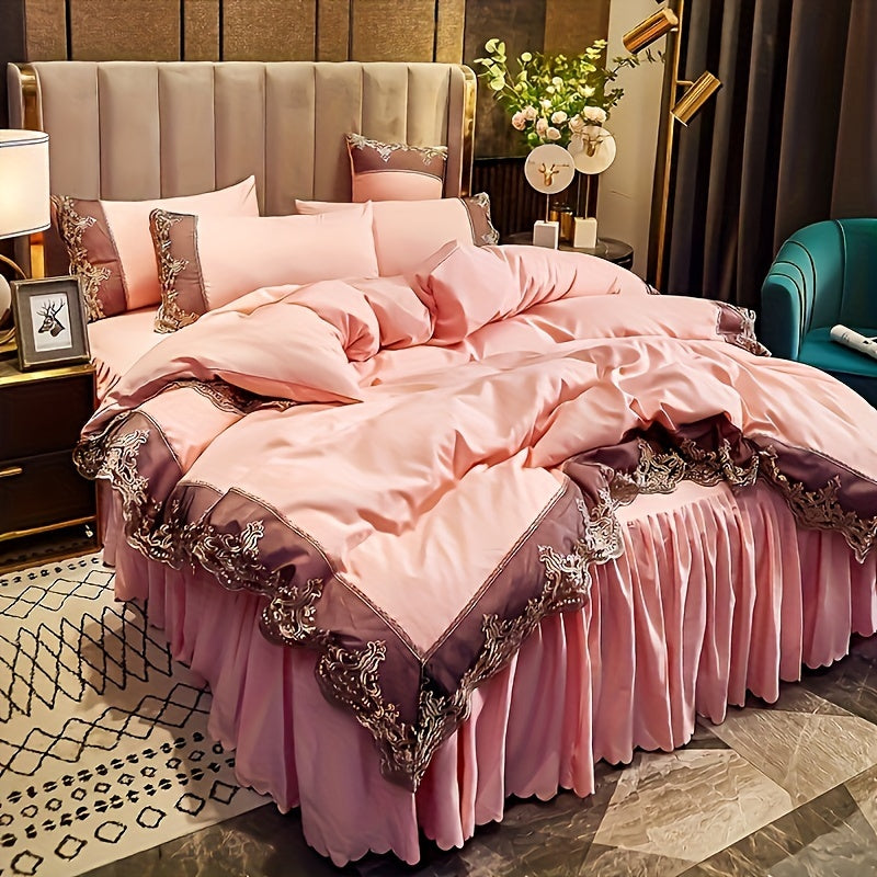 Lace bedding set in various colors with quilt cover and matching pillowcase. Available in two or three piece set.