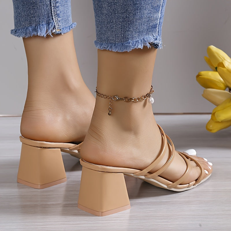 Chunky heel sandals with square toe and slip-on design for women, perfect for casual summer wear.