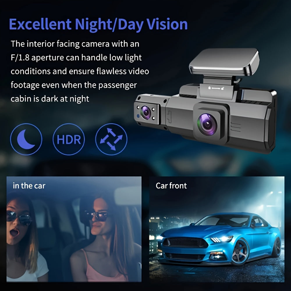 Car dash cam with dual lens recording, 360-degree rotation, and parking surveillance