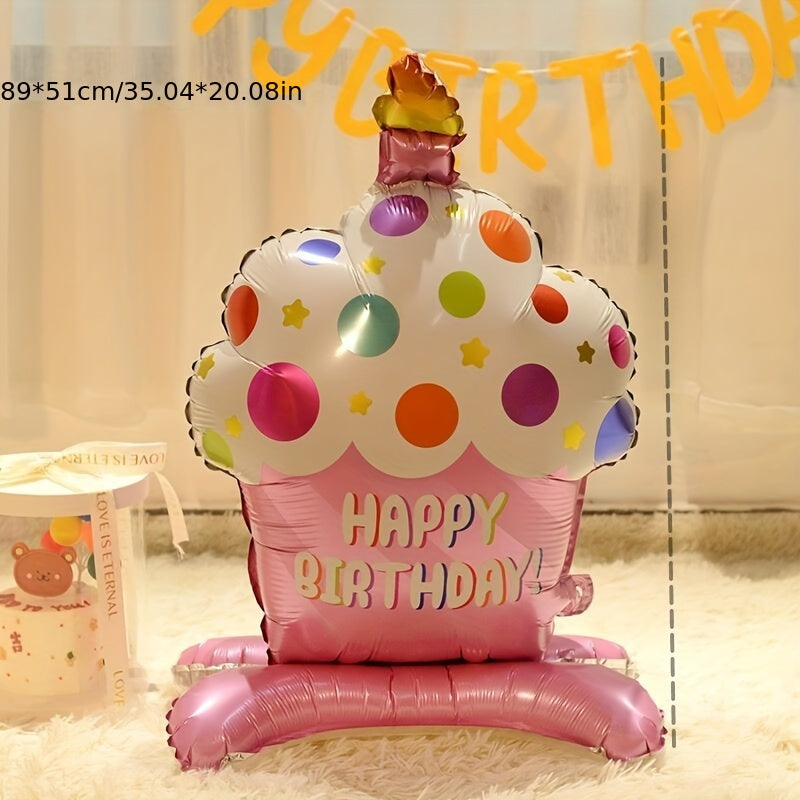 1 Standing Cake Balloon for Birthday Party, Pink and Blue Background Decoration, Aluminum Film Photography Decor for Happy Birthday.