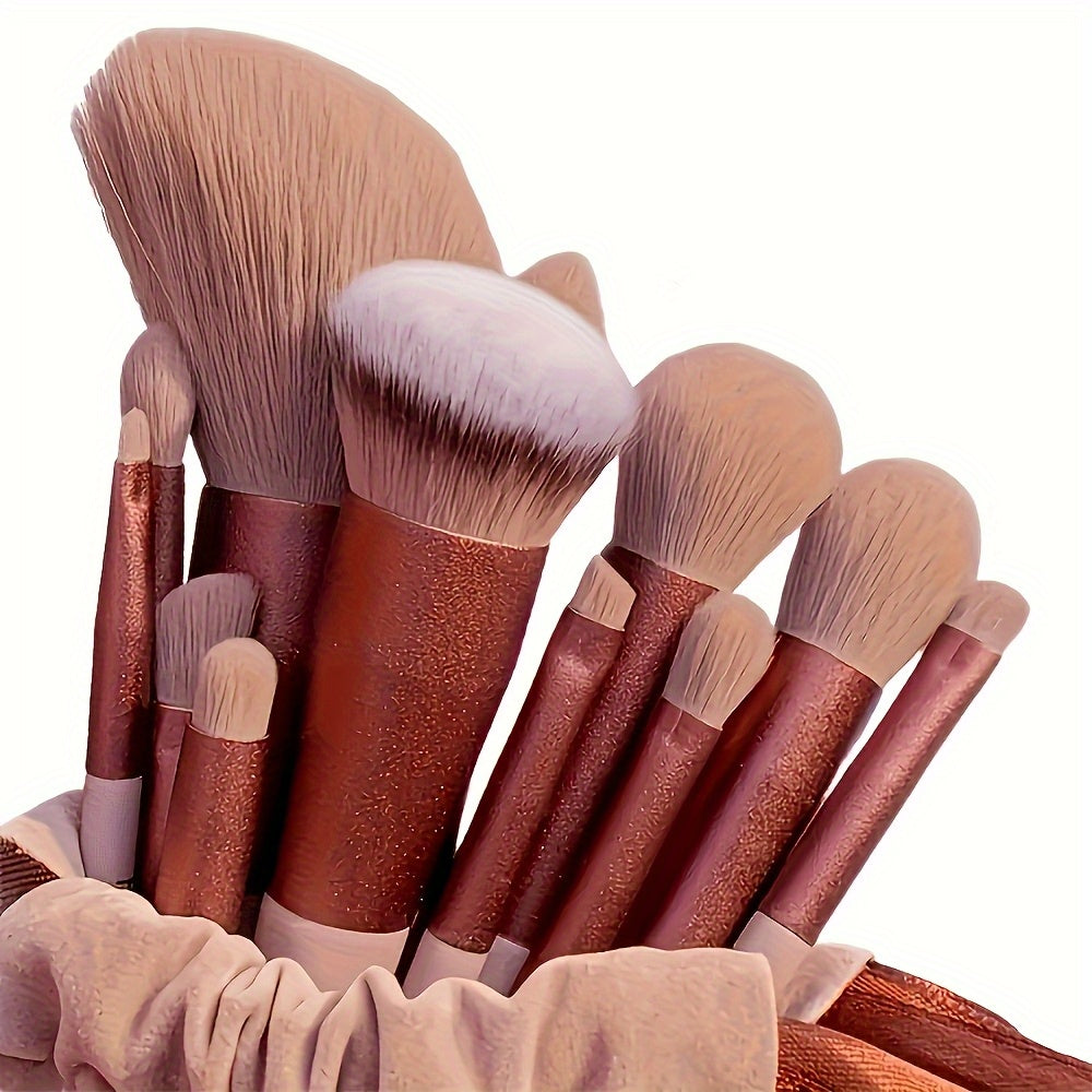 13-piece professional makeup brush set with soft polyester bristles and hypoallergenic nylon bristles. Features ABS plastic handle and is fragrance-free. Suitable for all skin types.