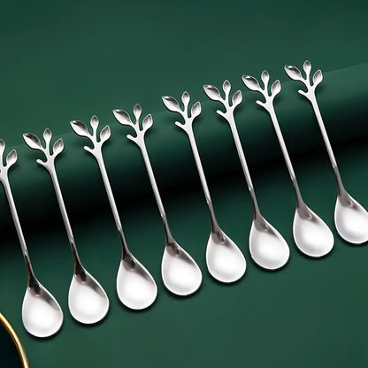 Set of 8 stainless steel coffee spoons with branch design, perfect for stirring dessert and ice cream. Durable, dishwasher safe, and restaurant-grade.