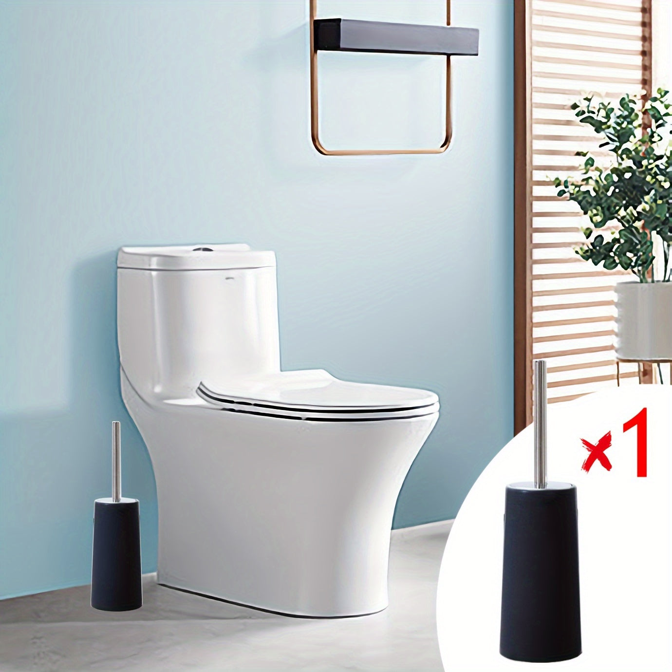 Sturdy plastic toilet brush with holder, medium firmness, portable freestanding bathroom cleaner.