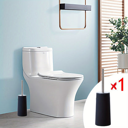 Sturdy plastic toilet brush with holder, medium firmness, portable freestanding bathroom cleaner.