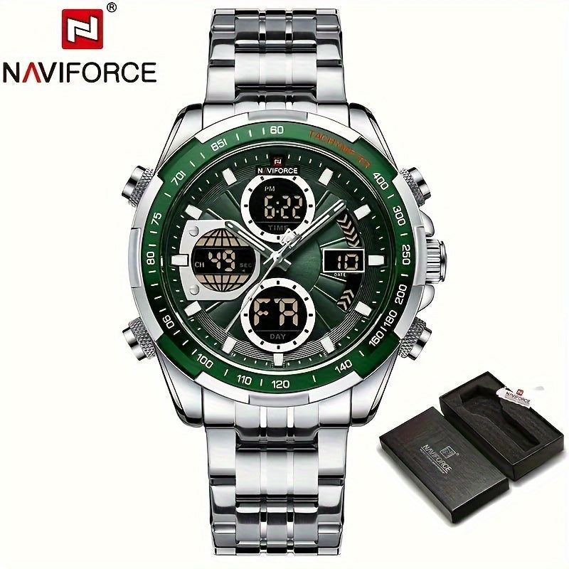 NAVIFORCE Men's Luxury Sports Quartz Watch - Waterproof, Genuine Leather Strap, Dual Display with Date & Chronograph Functions, Stainless Steel Case, Green Accents, Tachymeter Equipped