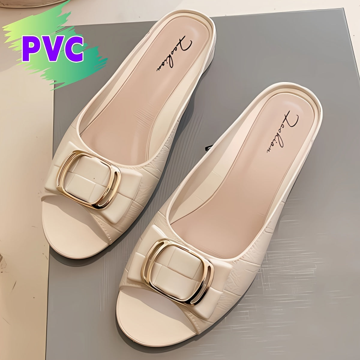 Summer PVC slide sandals for women in chic black with a golden buckle, open toe, and soft non-slip sole for comfortable walking. Breathable and hand-washable with strappy design.