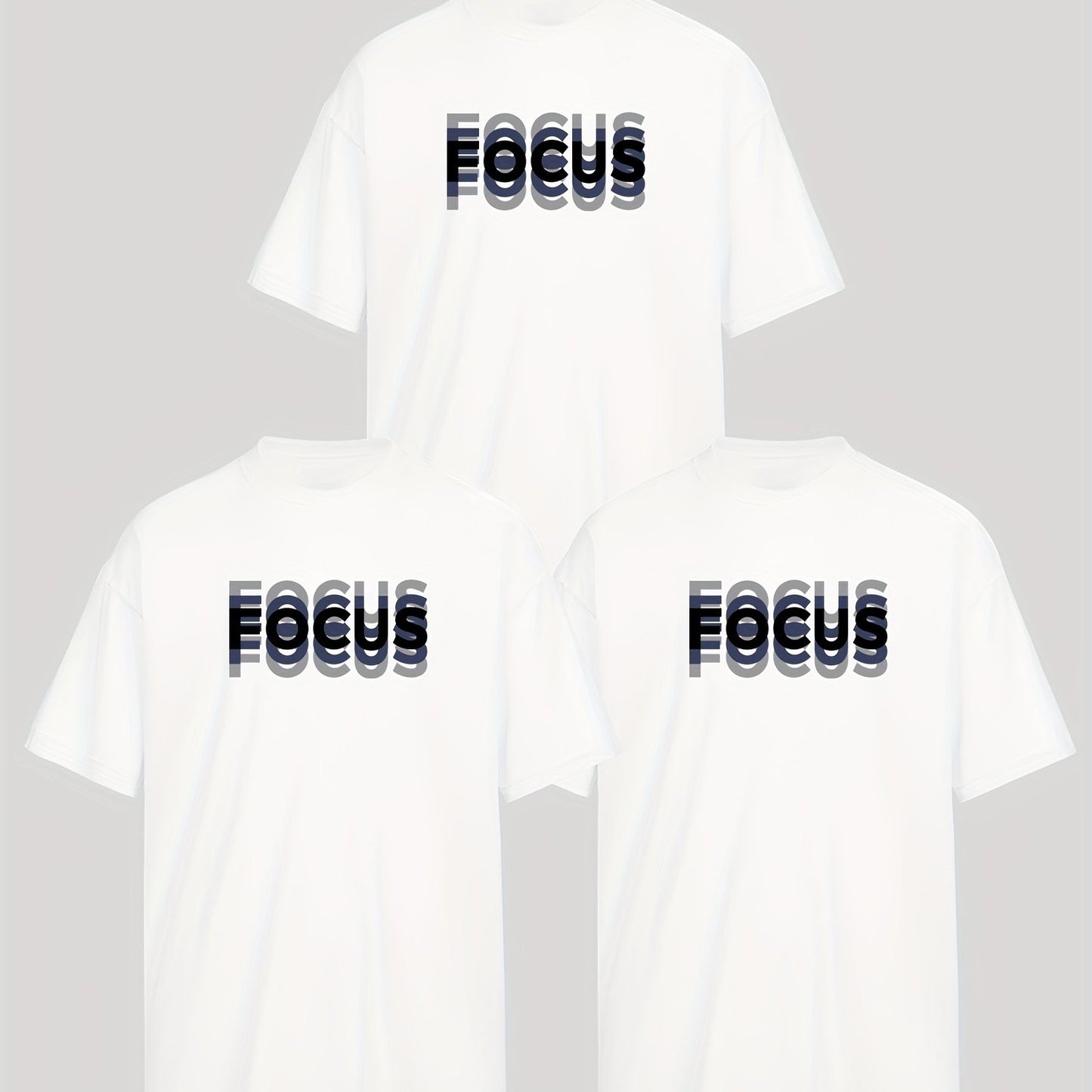 MBDMBD Men's Trendy Letter Print T-Shirt in White with "FOCUS" Design. Made of 180g/㎡ Polyester Blend.