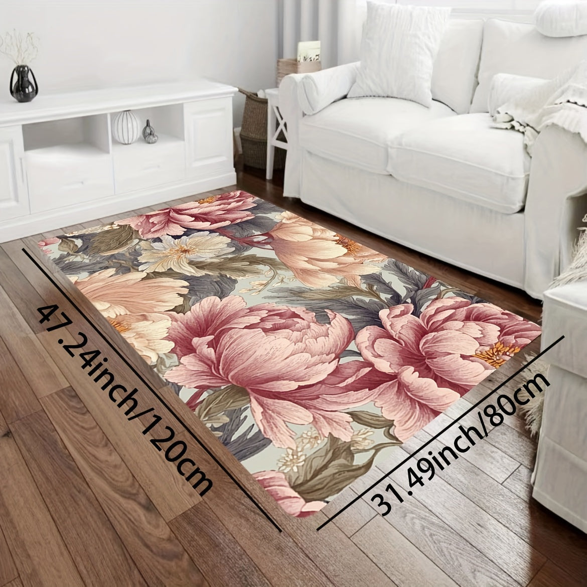 Elegant, plush floral area rug measuring 8mm in thickness. Ideal for use in the living room, bedroom, kitchen, and bathroom. Made of soft and machine washable polyester material, perfect for adding a touch of luxury to any space.