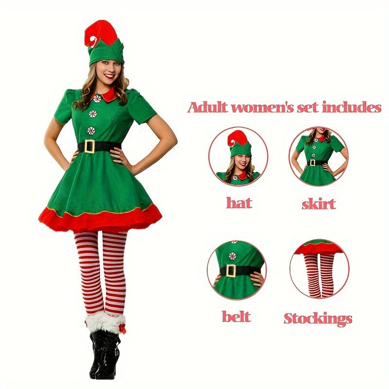 Set of 4 Women's Christmas Elf Costume Pieces Includes Polyester Party Dress, Hat, Socks, and Belt. Features No Print Design, Hand Wash Only. Perfect Festive Holiday Outfit.